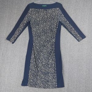 LAUREN RALPH LAUREN WOMENS NAVY BLUE ANIMAL PRINT 3/4 SLEEVE SHEATH DRESS SZ 12